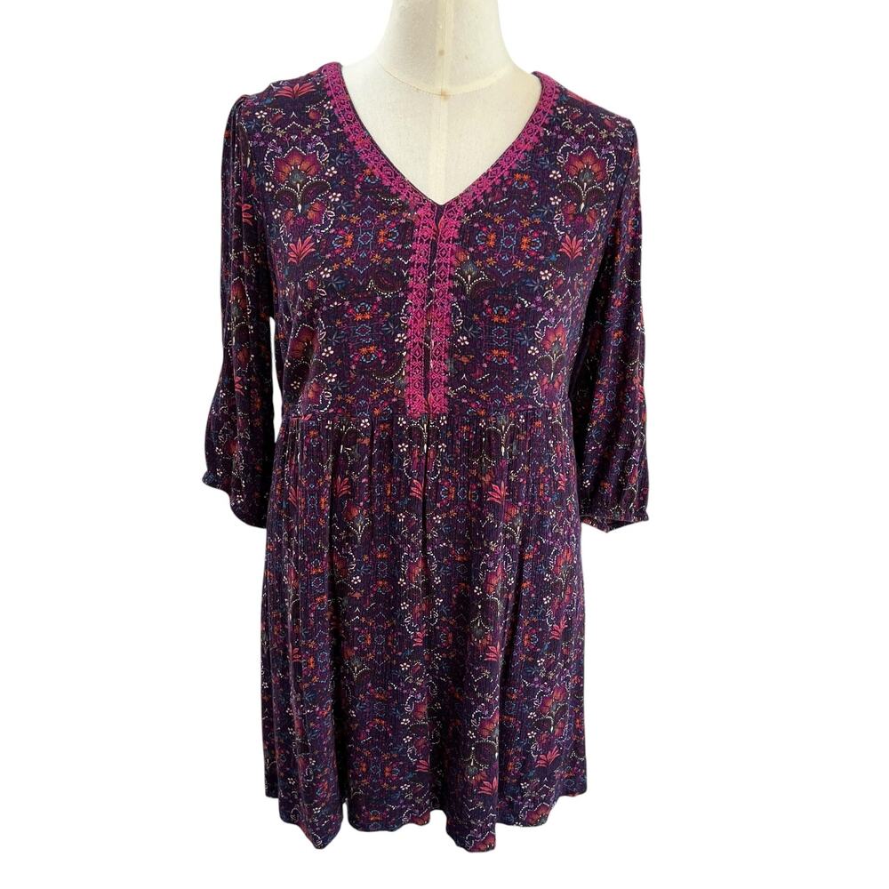 J. Jill Floral Mini Dress Women’s L Purple Pink Boho 3/4 Sleeve GUC